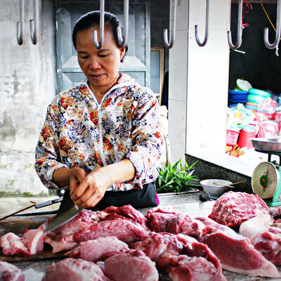 Selling pork at a traditional 'wet' market in Hung Yen province, northern Vietnam