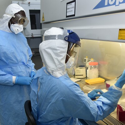 Researchers wearing lab coats conduct experiments using laboratory equipment.