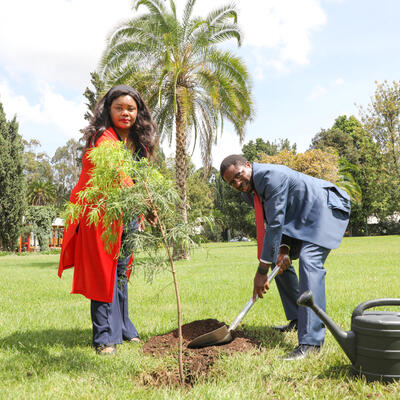 Appolinaire Djikeng with his wife planting a tree on ILRI campus (Credit: ILRI/Habtamu)