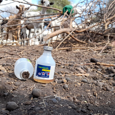 Discarded bottles of a parasiticide used for the treatment and control of internal and external parasites