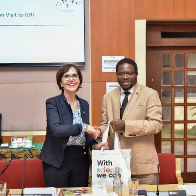 ILRI director general Apollinaire Djikeng and WOAH director general Emmanuelle Soubeyran (photo credit: ILRI/Saleef Nyambok).
