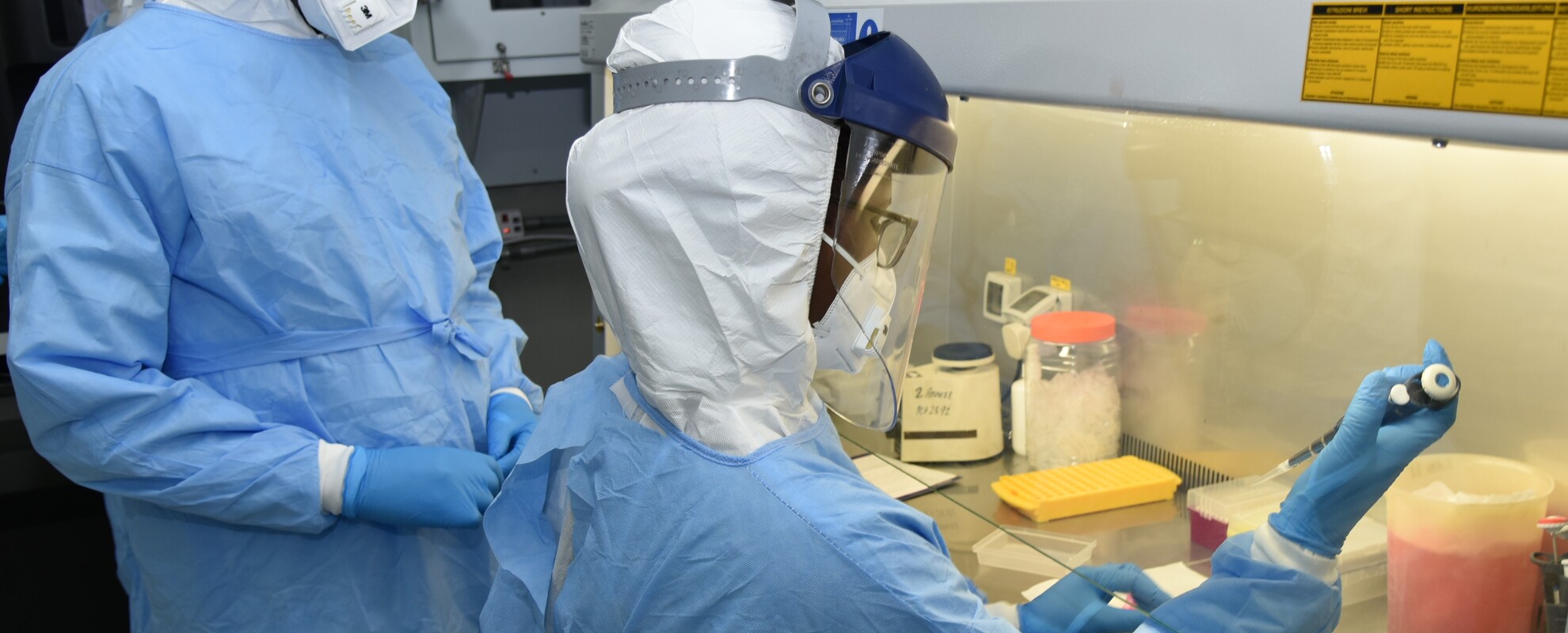 Researchers wearing lab coats conduct experiments using laboratory equipment.