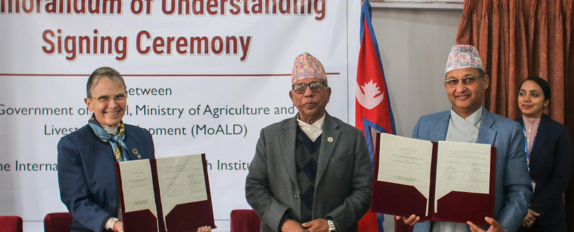 Dr Bedu Ram Bhusal, Hon. Minister of MoALD on behalf of GoN; Dr Rewati Raman Poudel, Secretary of Livestock at MoALD and Shirley Tarawali, assistant director general at ILRI, at the MoU signing in Kathmandu, Nepal on 31 January 2024 (photo credit: MoALD).
