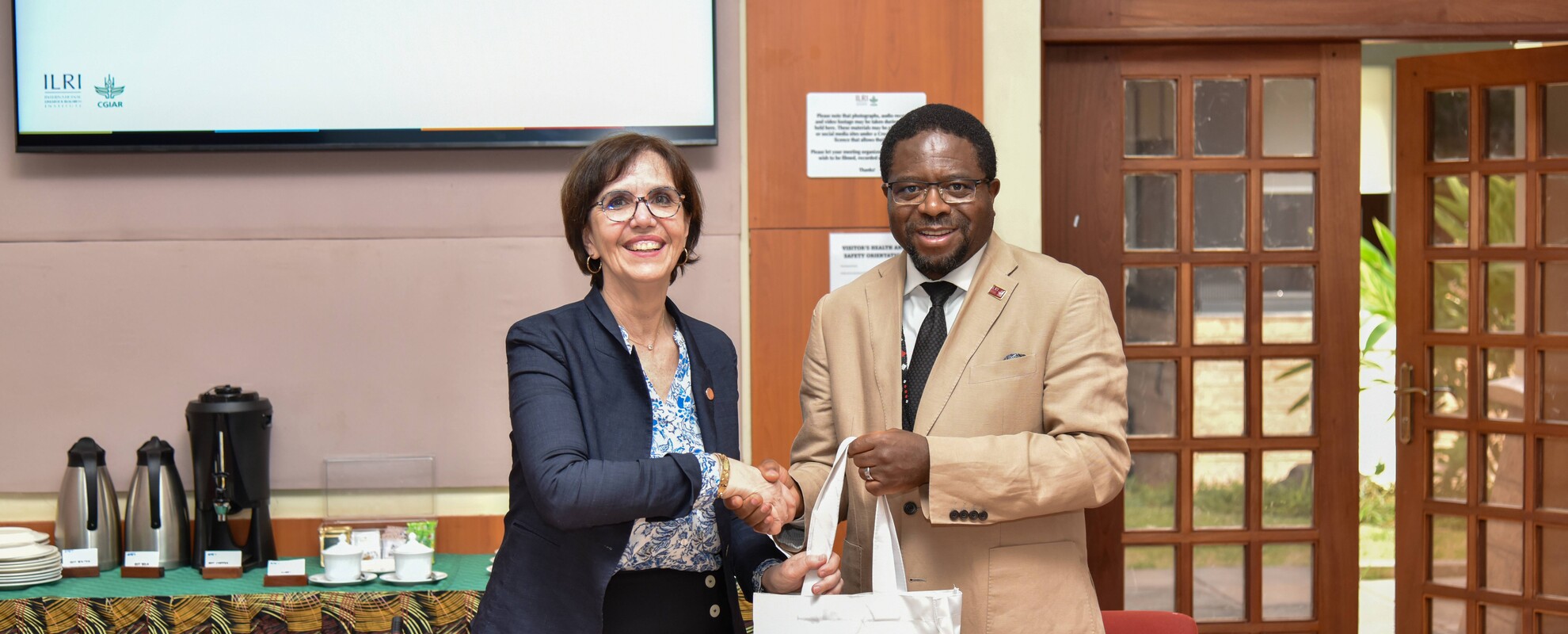 ILRI director general Apollinaire Djikeng and WOAH director general Emmanuelle Soubeyran (photo credit: ILRI/Saleef Nyambok).