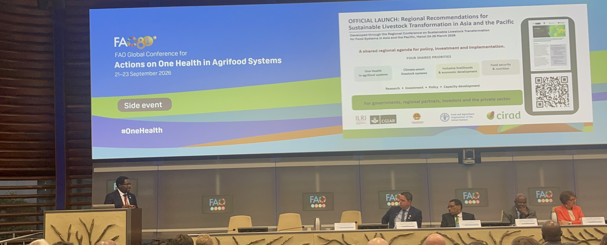 ILRI Director General Appolinaire Djikeng launches the Asia-Pacific sustainable livestock recommendations and CGIAR One Health briefs in Rome, 21 September 2026.