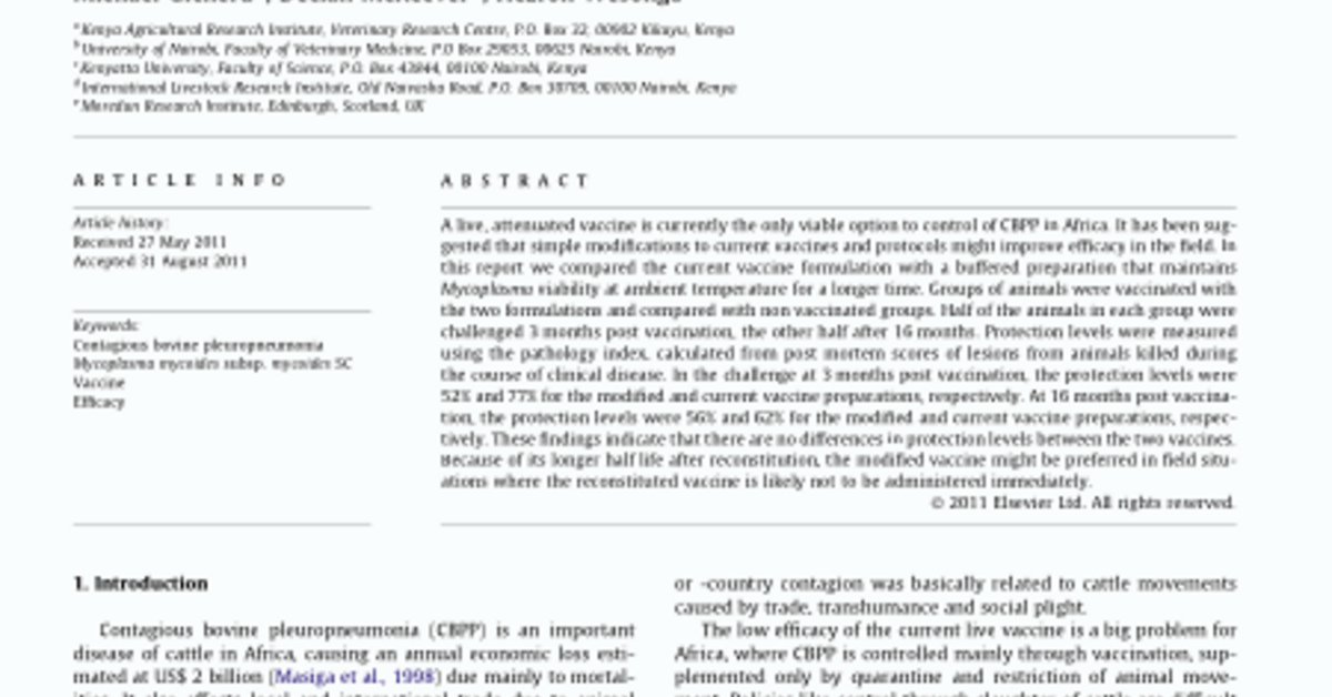 Efficacy of two vaccine formulations against contagious bovine ...