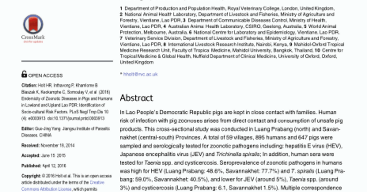 Endemicity of zoonotic diseases in pigs and humans in lowland and