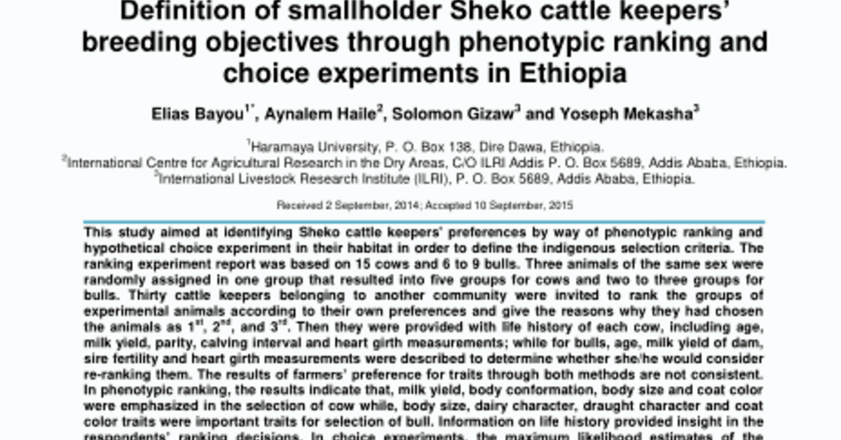 Definition of smallholder Sheko cattle keepers’ breeding objectives