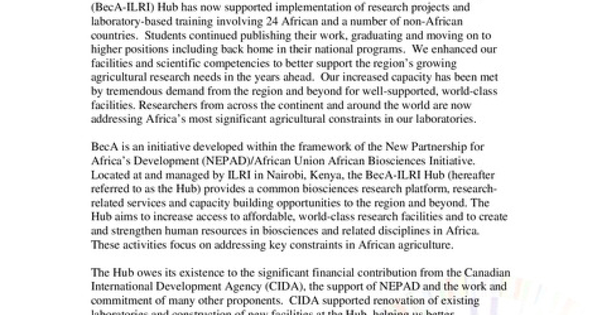 Biosciences Eastern and Central Africa (BeCA) ILRI-hub annual letter 2010