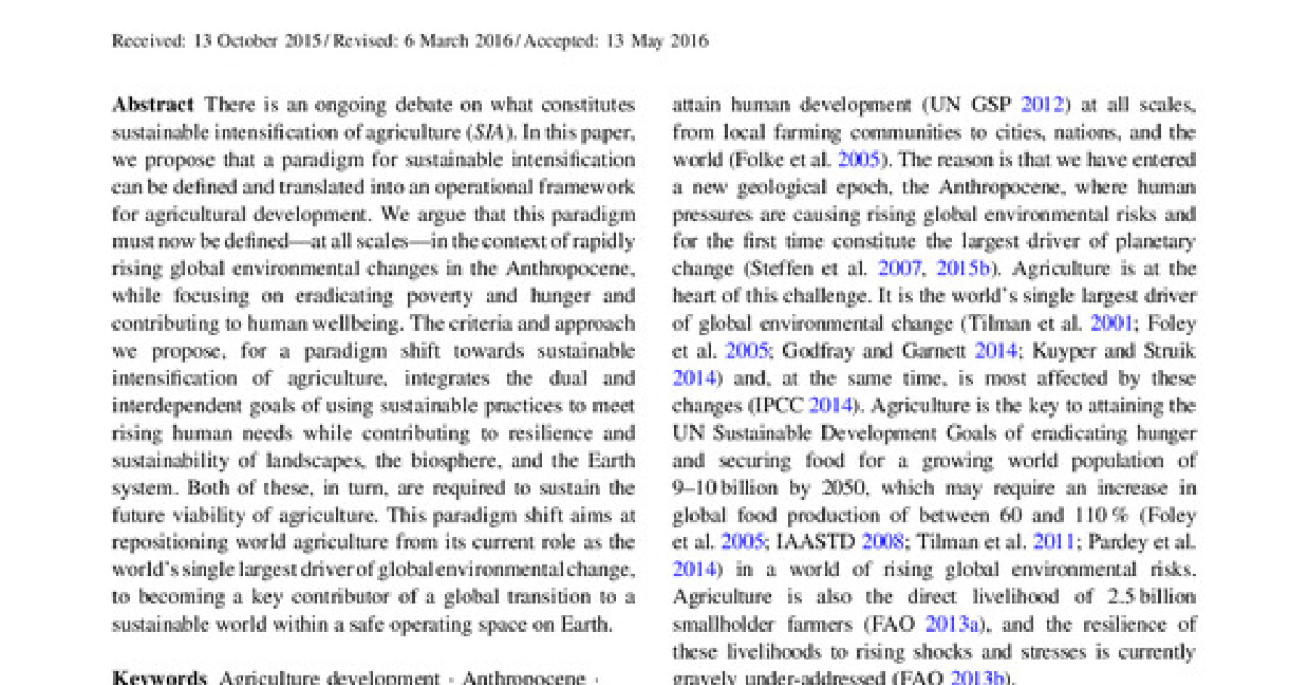 Human Intensification Sustainable intensification of agriculture for human prosperity and ...